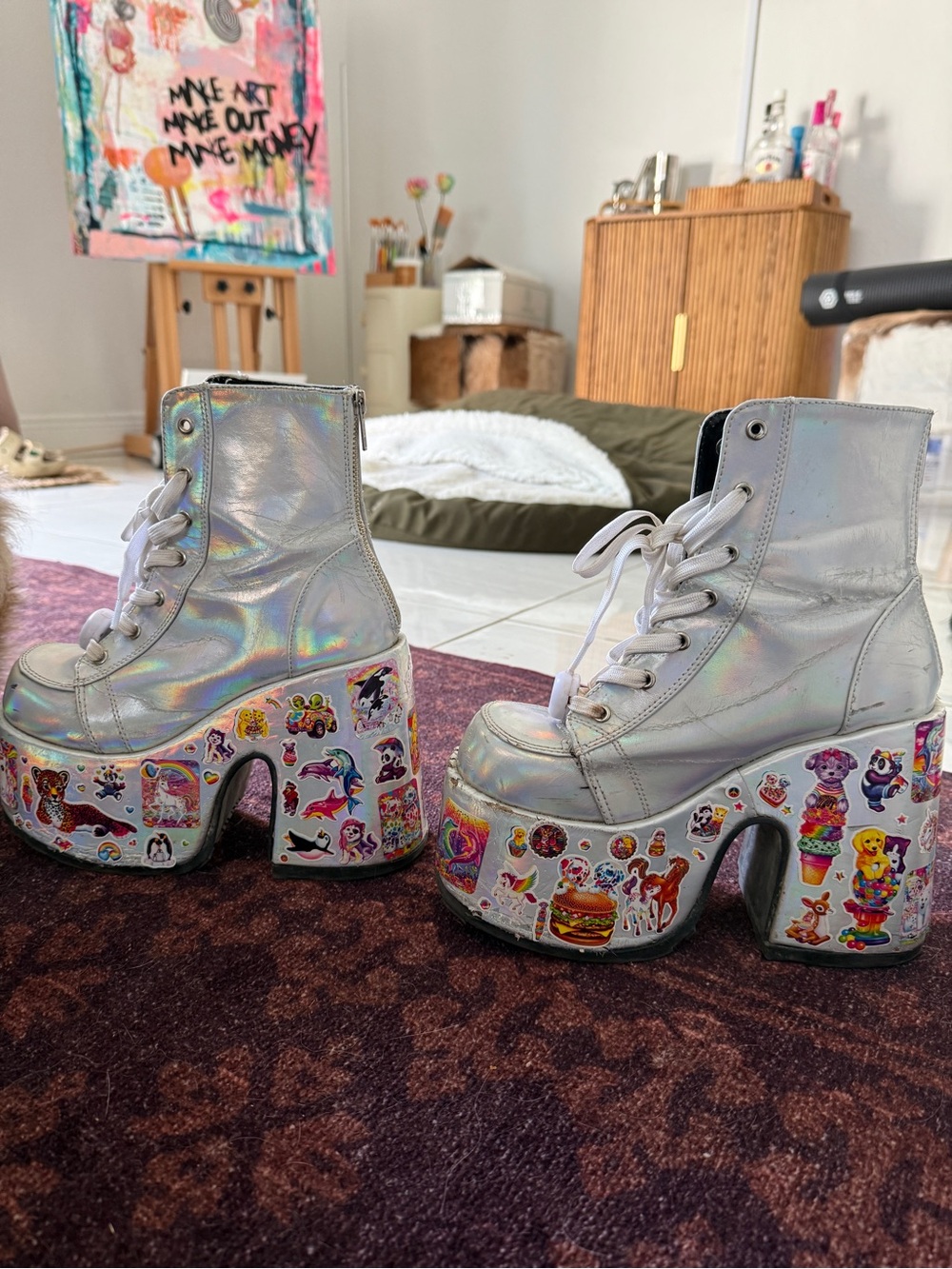 Custom Demonia Holographic/ iridescent Platform Boots w/ Lisa Frank - Picture 2 of 4